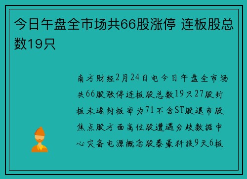 今日午盘全市场共66股涨停 连板股总数19只