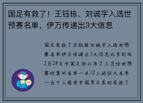 国足有救了！王钰栋、刘诚宇入选世预赛名单，伊万传递出3大信息