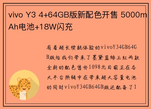 vivo Y3 4+64GB版新配色开售 5000mAh电池+18W闪充