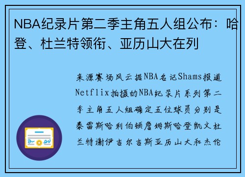 NBA纪录片第二季主角五人组公布：哈登、杜兰特领衔、亚历山大在列
