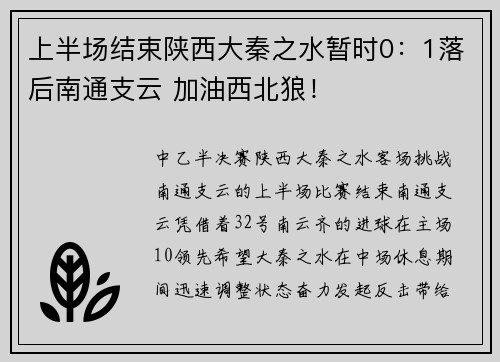 上半场结束陕西大秦之水暂时0：1落后南通支云 加油西北狼！
