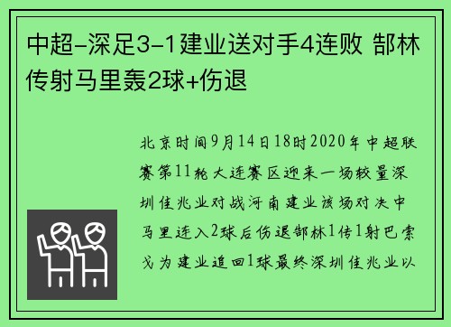 中超-深足3-1建业送对手4连败 郜林传射马里轰2球+伤退
