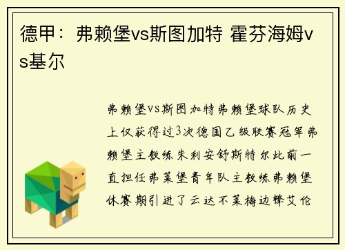 德甲：弗赖堡vs斯图加特 霍芬海姆vs基尔