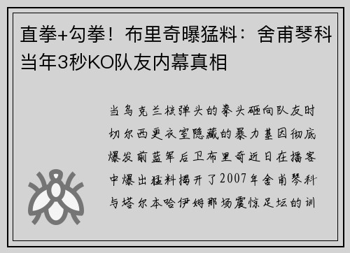 直拳+勾拳!布里奇曝猛料:舍甫琴科当年3秒KO队友内幕真相 直拳+勾拳!布里奇曝猛料:舍甫琴科当年3秒KO队友内幕真相