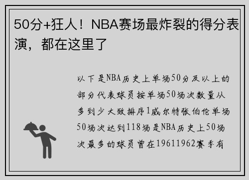 50分+狂人！NBA赛场最炸裂的得分表演，都在这里了